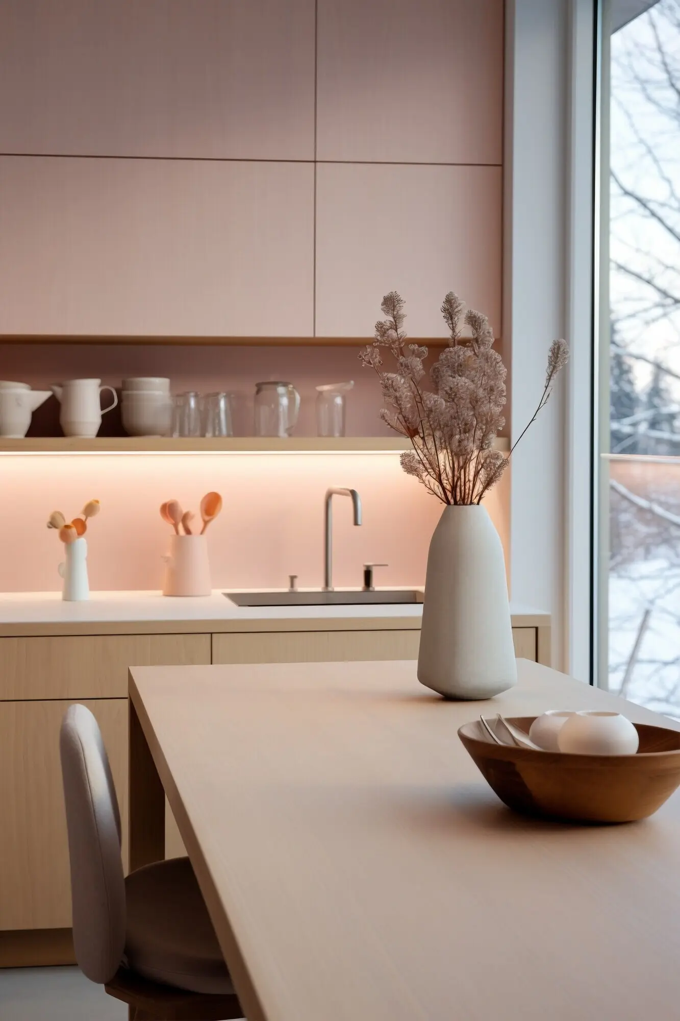 Moderne Küche mit zeitgenössischer Innendekoration und Möblierung.